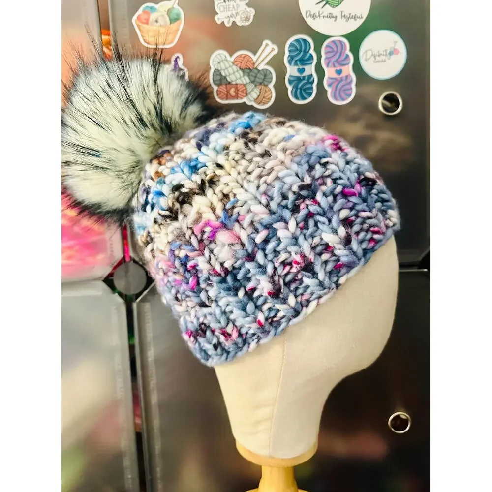 Hand Knit Scrappy Merino Wool Beanie: DefiKnitly Tasteful Knit Hat with Faux Fur